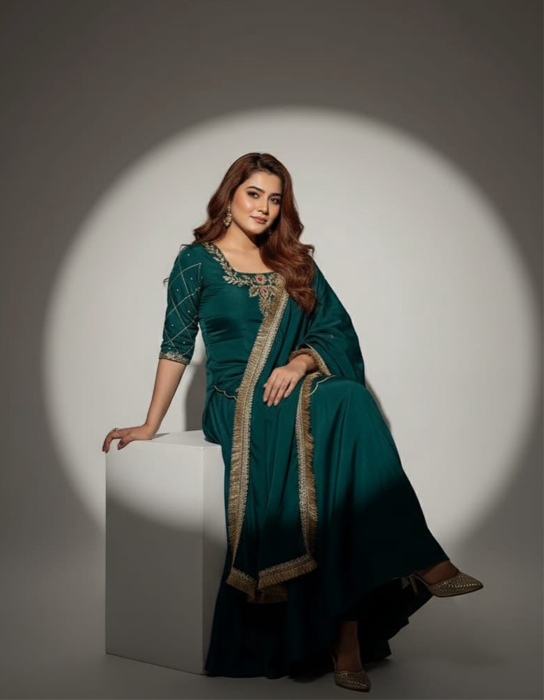 Green striped A-line kurta pant dupatta set for Navratri and Diwali – affordable traditional wear for modern women