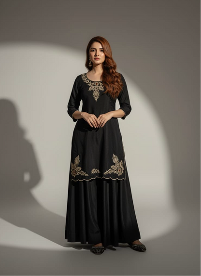 Front look of A-line striped kurta set with dupatta styled for office ethnic wear and small celebrations in India