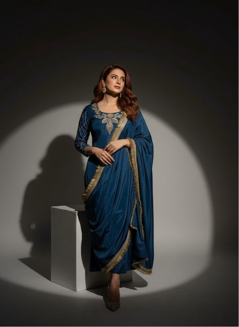 Close-up view of striped kurta fabric and A-line flare design – comfortable all-day festive ethnic wear for modern Indian women