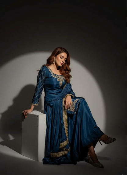 Blue striped A-line kurta suit set with coordinated pants and dupatta for Navratri and family gatherings – budget party wear for women