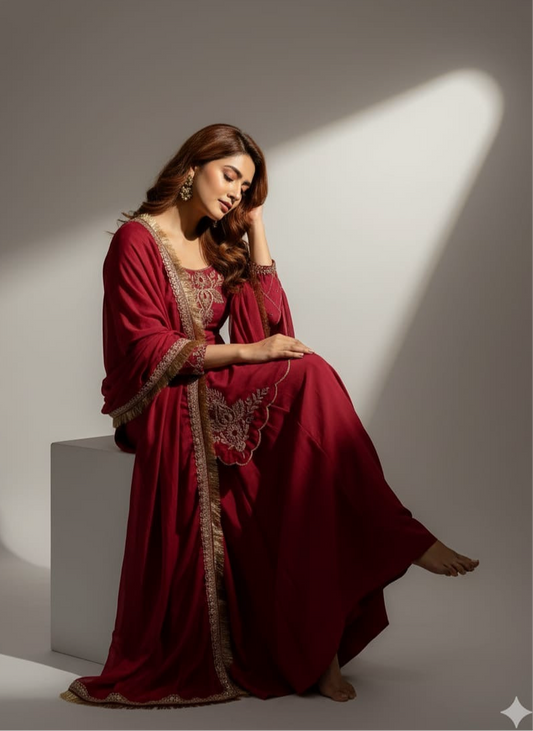 Red striped A-line kurta suit set with matching dupatta for Diwali and festive party wear in India – affordable ethnic outfit under 2500