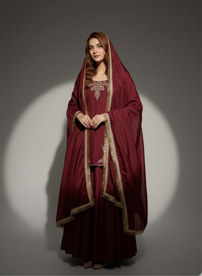Maroon striped A-line kurta suit set for women with matching dupatta – Diwali and wedding function ethnic wear under 2500