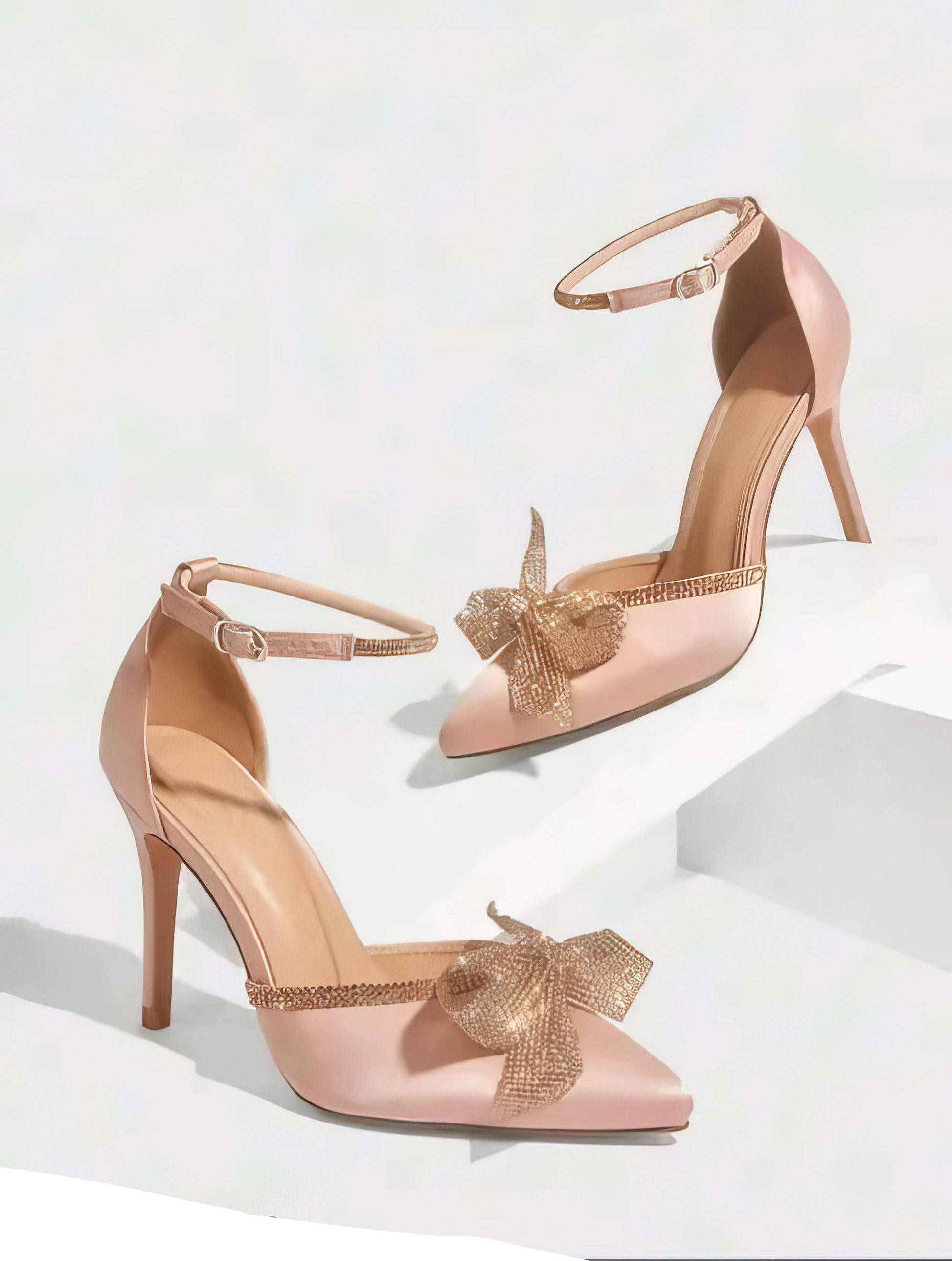 Nude satin heels with rhinestone bow for weddings - Aleeze by Aliza