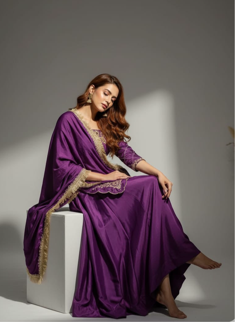 Purple striped A-line kurta suit set with elegant dupatta for party wear and festive celebrations – value for money ethnic outfit