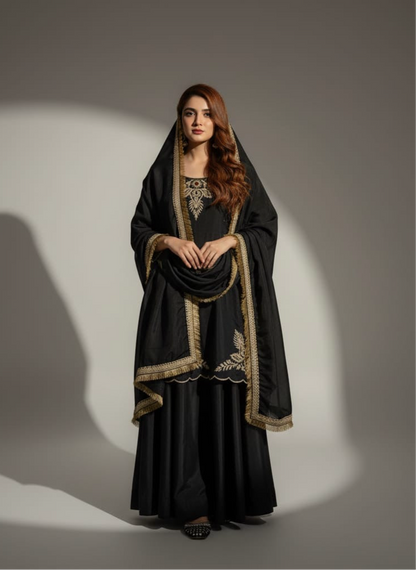Black striped A-line kurta suit set styled for evening party and office ethnic wear – premium look at budget price